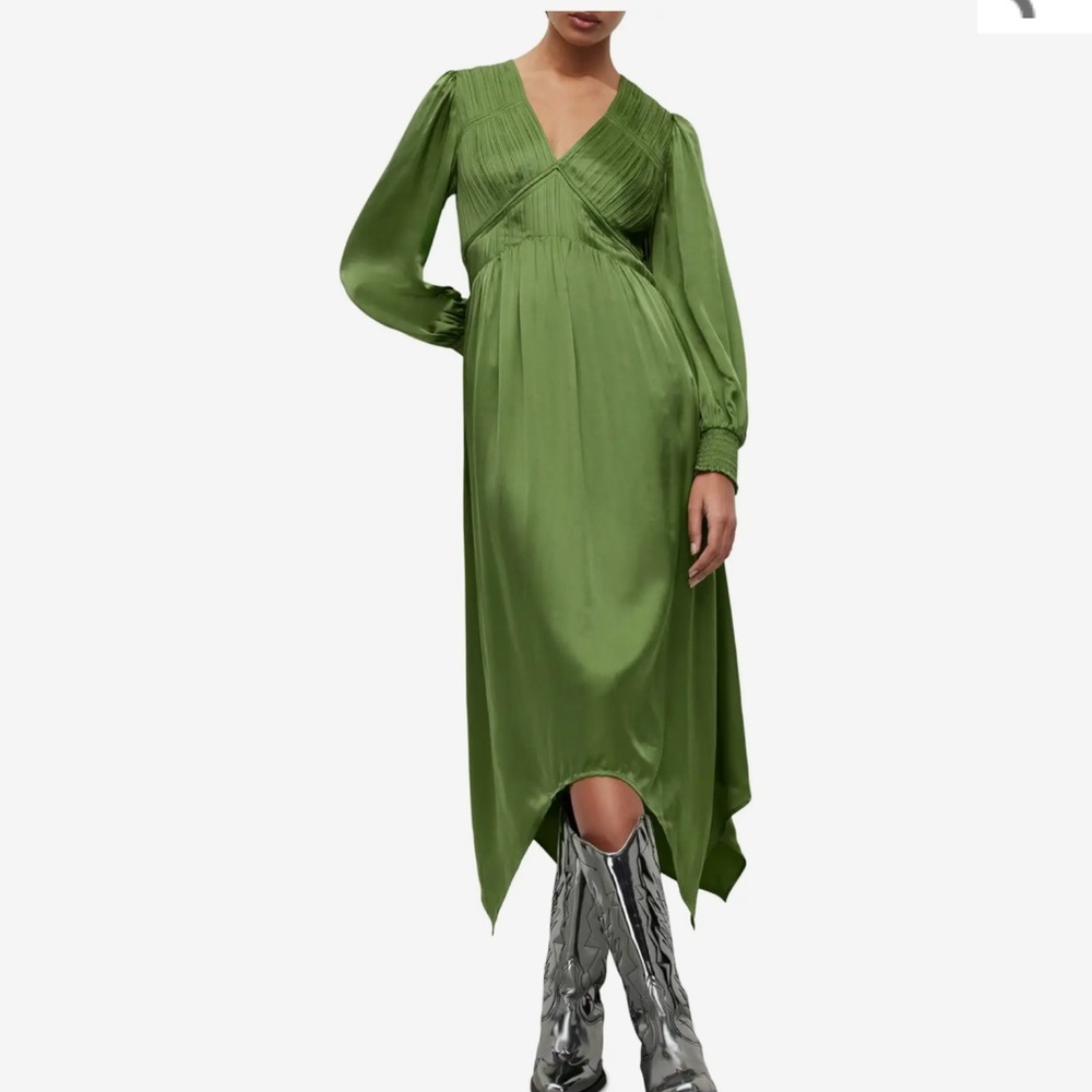 All Saints SZ 0 The Estelle Green Long Sleeve V-Neck asymmetrical midi dress